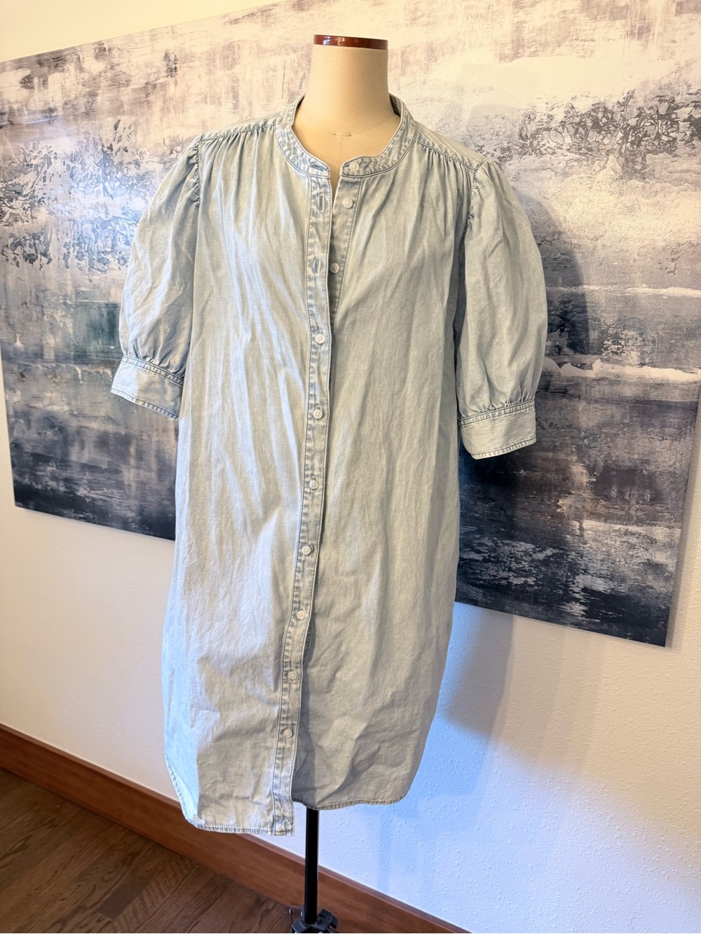 Gap Light-wash Denim Chambray Buttondown Midi Shirtdress Puff Sleeve Cotton XL